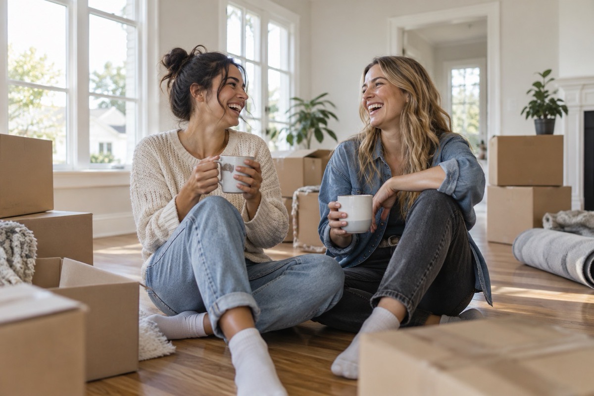 Two friends sharing coffee among moving boxes in the home they bought together